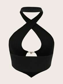 SHEIN ICON 純色十字交叉領綁帶 Y2k 上衣 - 黑色 - 查看 2