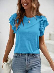 SHEIN Clasi Áo thun nữ Xù màu trơn Giải trí - Màu xanh lam - Xem 1