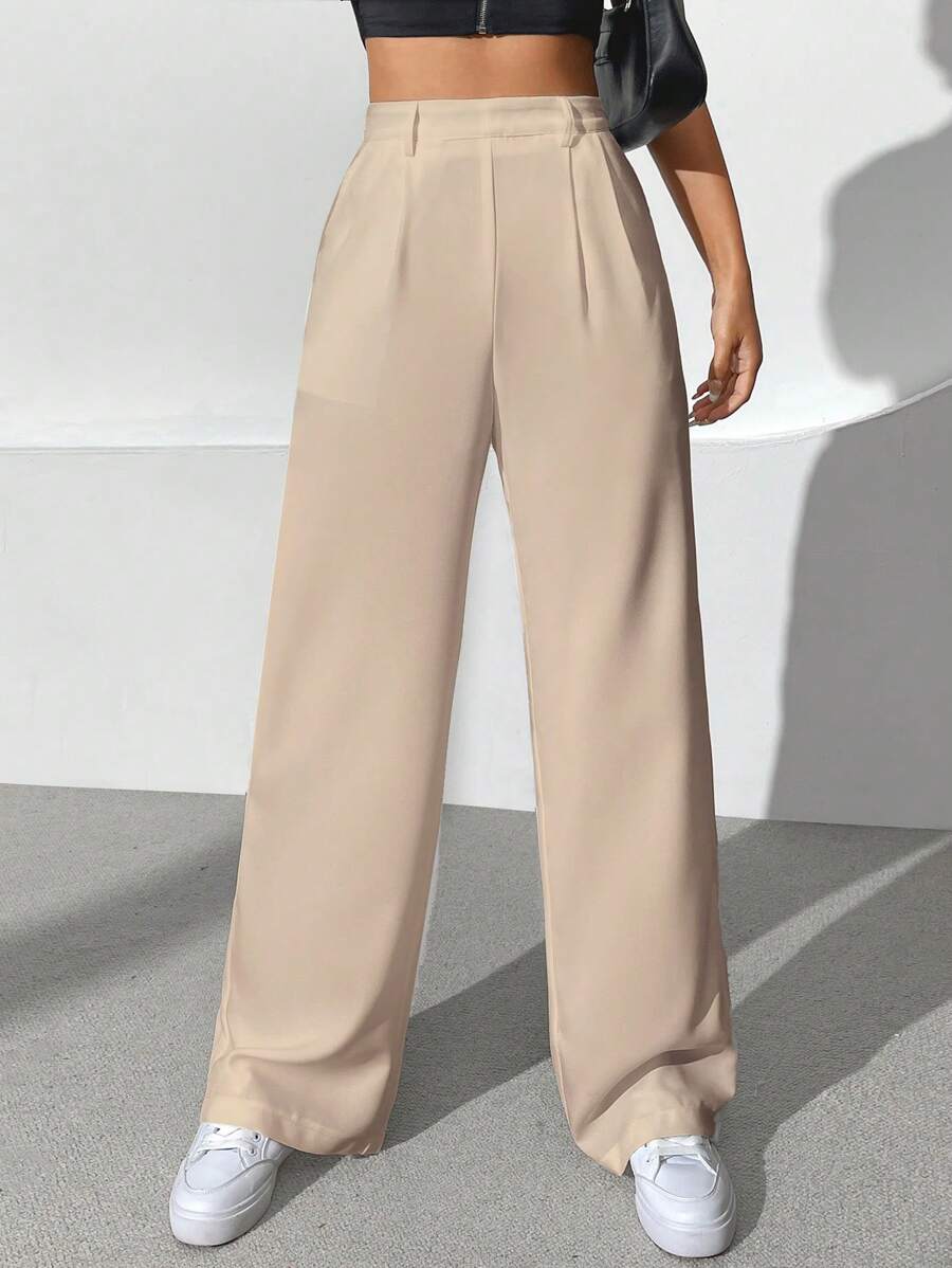 SHEIN EZwear 素色闊腿褲 - 卡其色 - 查看 1