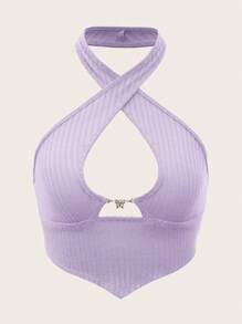 SHEIN ICON Solid Criss Cross Halter Top - Lilac Purple - View 1