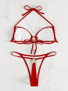 Swim SXY 2pcs/Set 2025 Women Summer Beach Solid Color Halter Neck Tie Sexy Bikini Swimwear Set