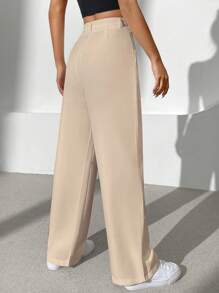 SHEIN EZwear 素色闊腿褲 - 卡其色 - 查看 2