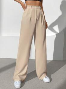 SHEIN EZwear 素色闊腿褲 - 卡其色 - 查看 3