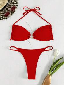 Swim SXY 2pcs/Set 2025 Women Summer Beach Solid Color Halter Neck Tie Sexy Bikini Swimwear Set