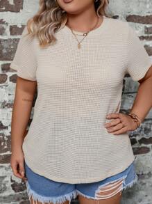 SHEIN LUNE Áo thun Plus size Nút màu trơn Giải trí - Màu be - Xem 3