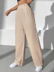 SHEIN EZwear 素色闊腿褲 - 卡其色 - 查看 4