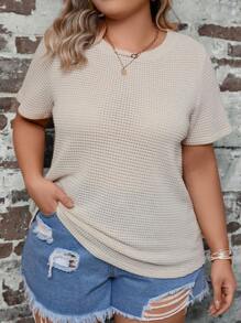 SHEIN LUNE Áo thun Plus size Nút màu trơn Giải trí - Màu be - Xem 4