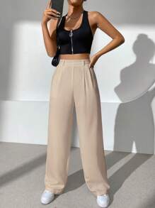 SHEIN EZwear 素色闊腿褲 - 卡其色 - 查看 5