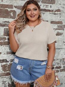 SHEIN LUNE Áo thun Plus size Nút màu trơn Giải trí - Màu be - Xem 5