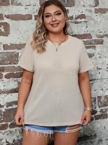 SHEIN LUNE Áo thun Plus size Nút màu trơn Giải trí - Màu be - Xem 6