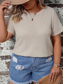 SHEIN LUNE Áo thun Plus size Nút màu trơn Giải trí - Màu be - Xem 1