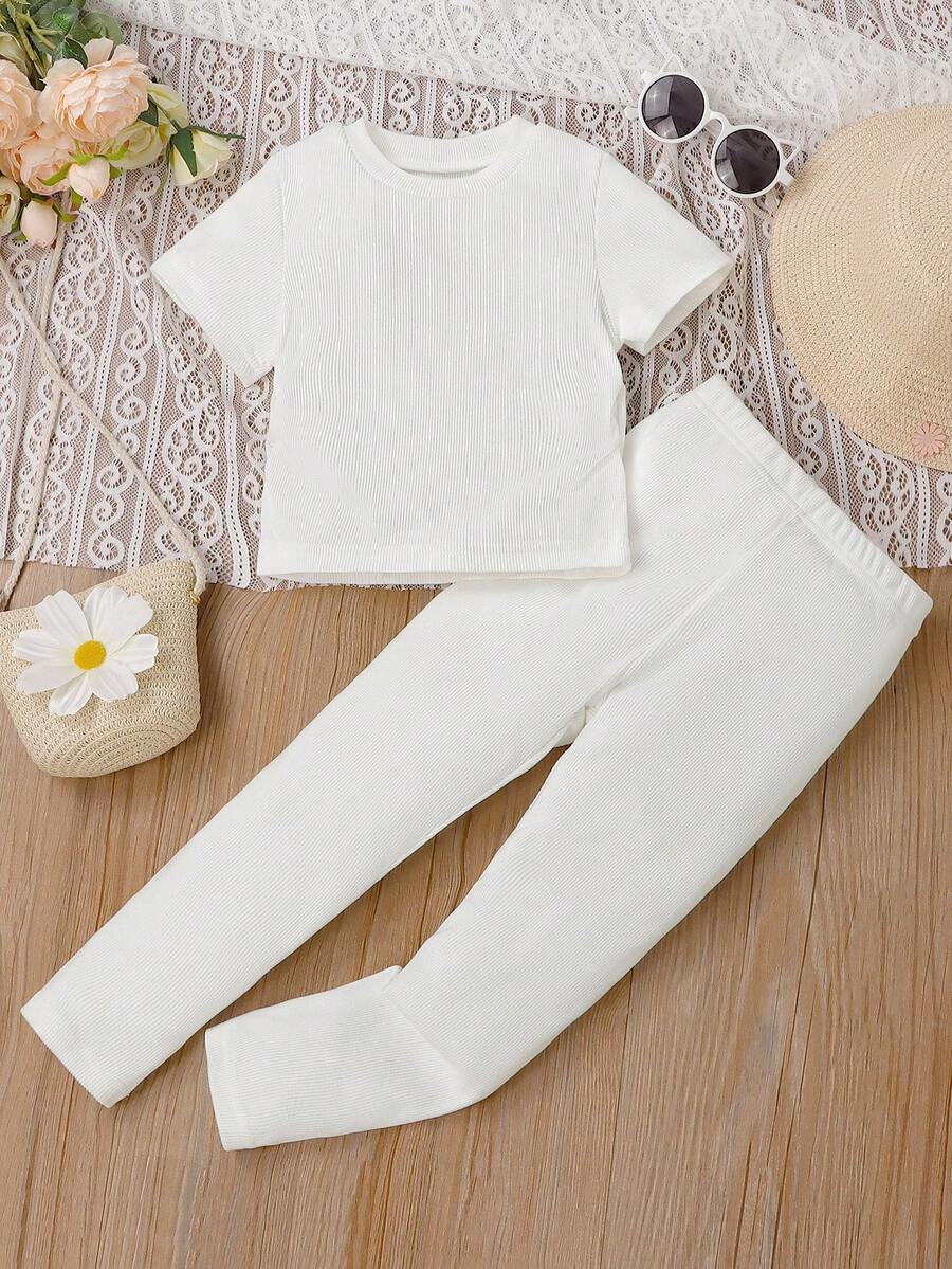 Bộ thời trang bé gái Gân đan màu trơn Giải trí - trắng - Xem 1