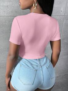 Slaydiva Camiseta crop con diamante de imitación con patrón de letra - Rosa - Ver 2