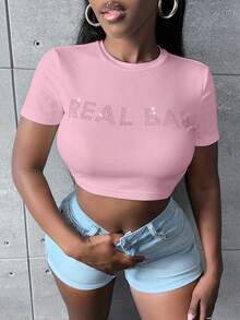Slaydiva Camiseta crop con diamante de imitación con patrón de letra - Rosa - Ver 3