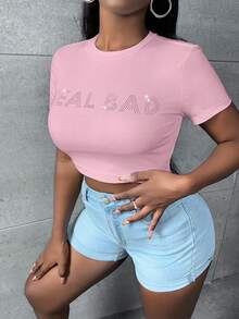 Slaydiva Camiseta crop con diamante de imitación con patrón de letra - Rosa - Ver 4
