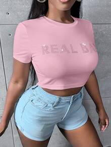 Slaydiva Camiseta crop con diamante de imitación con patrón de letra - Rosa - Ver 5