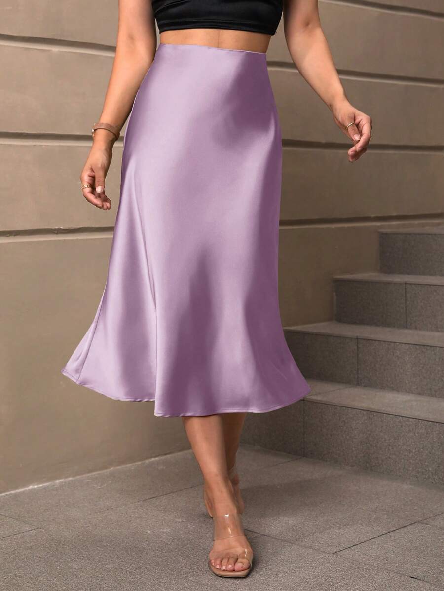 SHEIN BAE Falda de talle alto unicolor de satén - Lila Púrpura - Ver 1