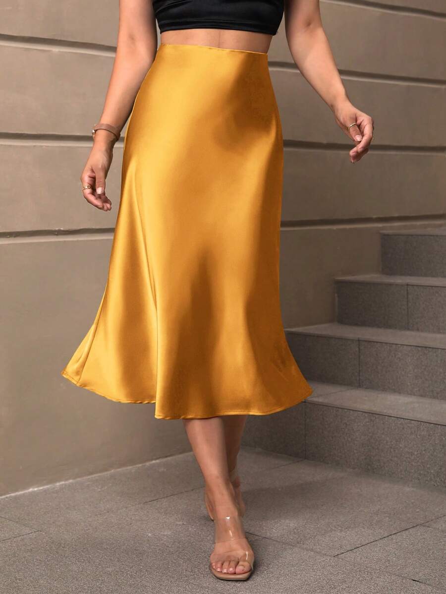 SHEIN BAE 高腰緞面半身裙 - 芥末黃 - 查看 1