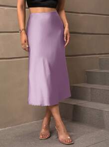 SHEIN BAE Falda de talle alto unicolor de satén - Lila Púrpura - Ver 3