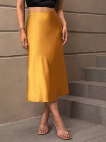 SHEIN BAE 高腰緞面半身裙 - 芥末黃 - 查看 3