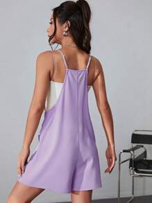 SHEIN EZwear Áo liền quần nữ Túi màu trơn Giải trí - Màu tím hoa cà - Xem 2