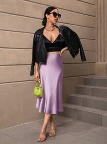 SHEIN BAE Falda de talle alto unicolor de satén - Lila Púrpura - Ver 7