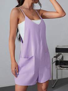 SHEIN EZwear Áo liền quần nữ Túi màu trơn Giải trí - Màu tím hoa cà - Xem 4