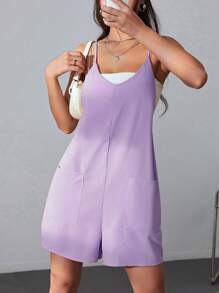 SHEIN EZwear Áo liền quần nữ Túi màu trơn Giải trí - Màu tím hoa cà - Xem 5