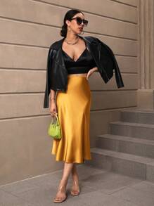 SHEIN BAE 高腰緞面半身裙 - 芥末黃 - 查看 7
