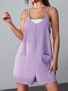 SHEIN EZwear Áo liền quần nữ Túi màu trơn Giải trí - Màu tím hoa cà - Xem 7