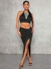 SHEIN SXY 亮片拼接繞頸短上衣和褶邊高衩半身裙