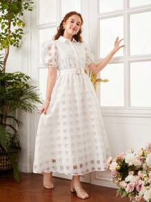 SHEIN Đầm Gái Thắt lưng Nút phía trước màu trơn Dễ thương - trắng - Xem 1
