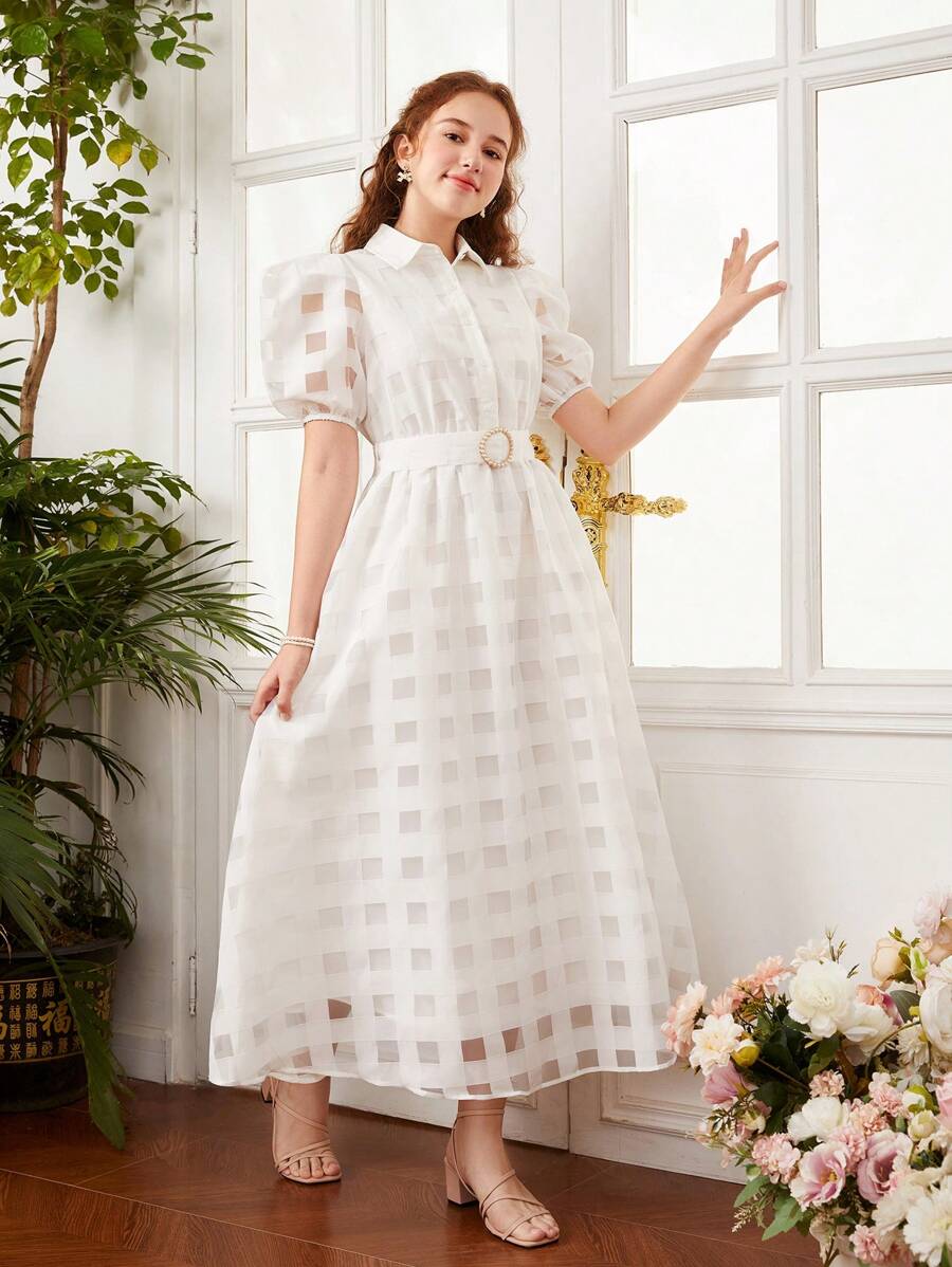 SHEIN Đầm Gái Thắt lưng Nút phía trước màu trơn Dễ thương - trắng - Xem 1