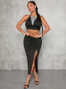 SHEIN SXY 亮片拼接繞頸短上衣和褶邊高衩半身裙