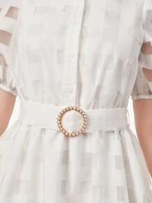 SHEIN Đầm Gái Thắt lưng Nút phía trước màu trơn Dễ thương - trắng - Xem 3