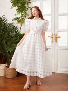 SHEIN Đầm Gái Thắt lưng Nút phía trước màu trơn Dễ thương - trắng - Xem 4