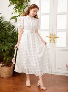 SHEIN Đầm Gái Thắt lưng Nút phía trước màu trơn Dễ thương - trắng - Xem 5