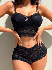 PetitDoll Floral Lace Underwire Bra & Boyshorts Lingerie Set - Black - View 3