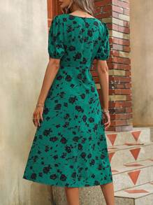 SHEIN VCAY Floral Print Sweetheart Neck Puff Sleeve Ruched Dress - Multicolor - View 2