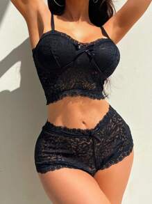 PetitDoll Floral Lace Underwire Bra & Boyshorts Lingerie Set - Black - View 4