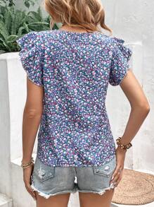 SHEIN Clasi Blusa con estampado floral ribete con fruncido - Azul - Ver 2