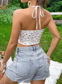 Soleia 碎花後背繫帶掛脖上衣 - 白色 - 查看 2