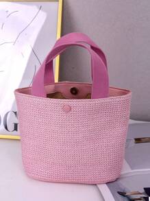 Túi rơm nhỏ Tay cầm đôi tối giản màu hồng cho kỳ nghỉ - Hồng - Xem 1