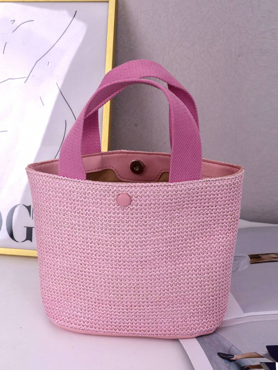 Túi rơm nhỏ Tay cầm đôi tối giản màu hồng cho kỳ nghỉ - Hồng - Xem 1