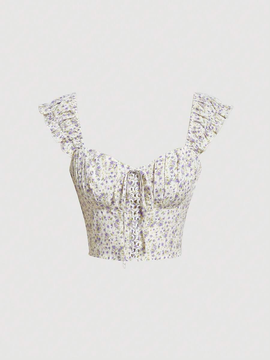 SHEIN MOD Camisa crop con estampado floral con cordón delantero - Multicolor - Ver 1