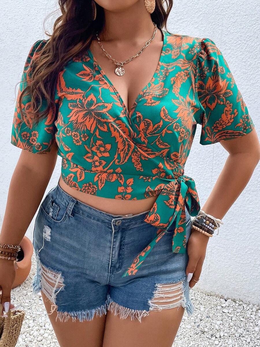 SHEIN LUNE Blusa cruzada con estampado tropical con nudo lateral - Verde - Ver 1