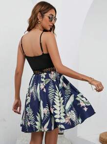 SHEIN VCAY Tropical Print Guipure Lace Insert Cami Dress - Multicolor - View 2