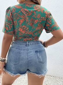 SHEIN LUNE Blusa cruzada con estampado tropical con nudo lateral - Verde - Ver 2