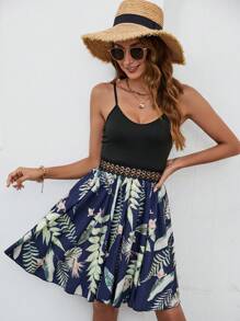 SHEIN VCAY Tropical Print Guipure Lace Insert Cami Dress - Multicolor - View 3