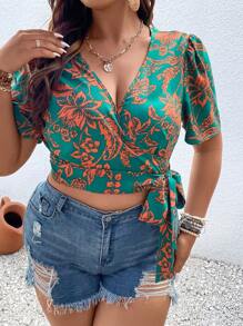SHEIN LUNE Blusa cruzada con estampado tropical con nudo lateral - Verde - Ver 4